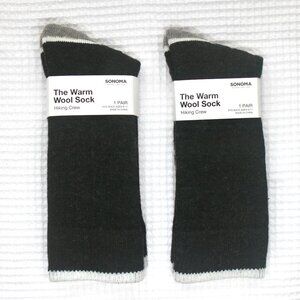 NWT Sonoma Black "The Warm Wool" Merino Wool Blend Hiking Crew Socks 2 Pairs Lot